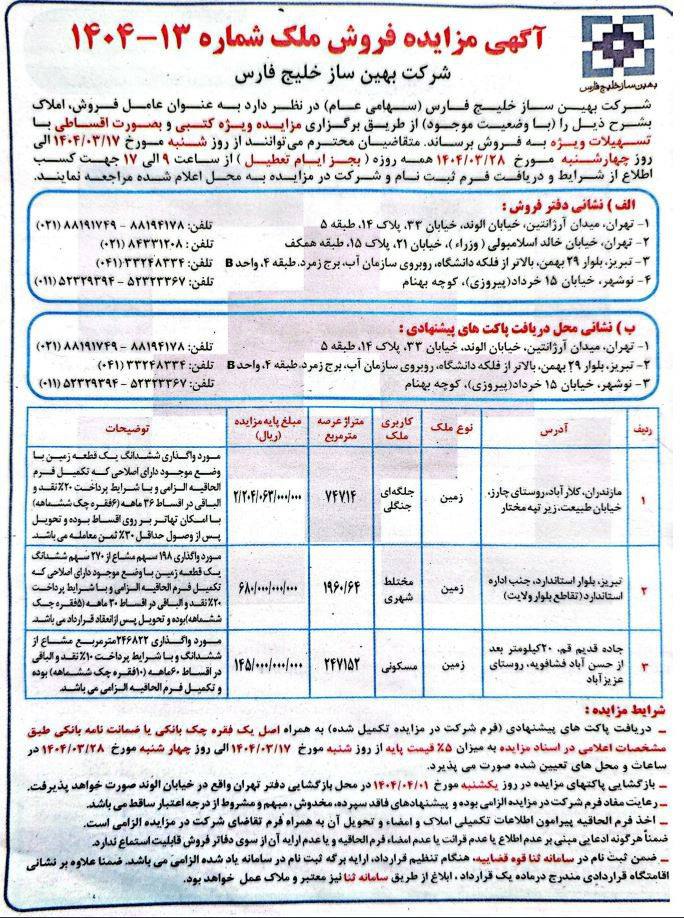 مزایده فروش ملک 13 - 1404 / استان مازندران و شهر تبریز